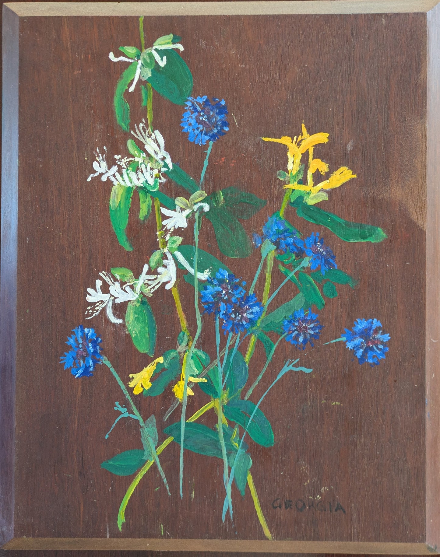 "Cornflowers and Honeysuckle" on a recycled jarrah panel