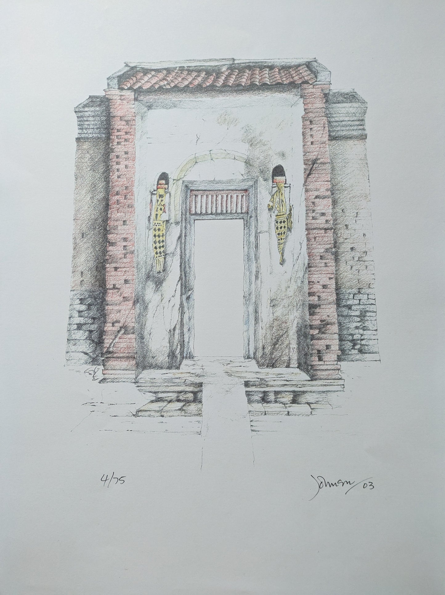 John Johnson, "Old Family Compound Entrance, Ubud, Bali" handcoloured print, pink bricks