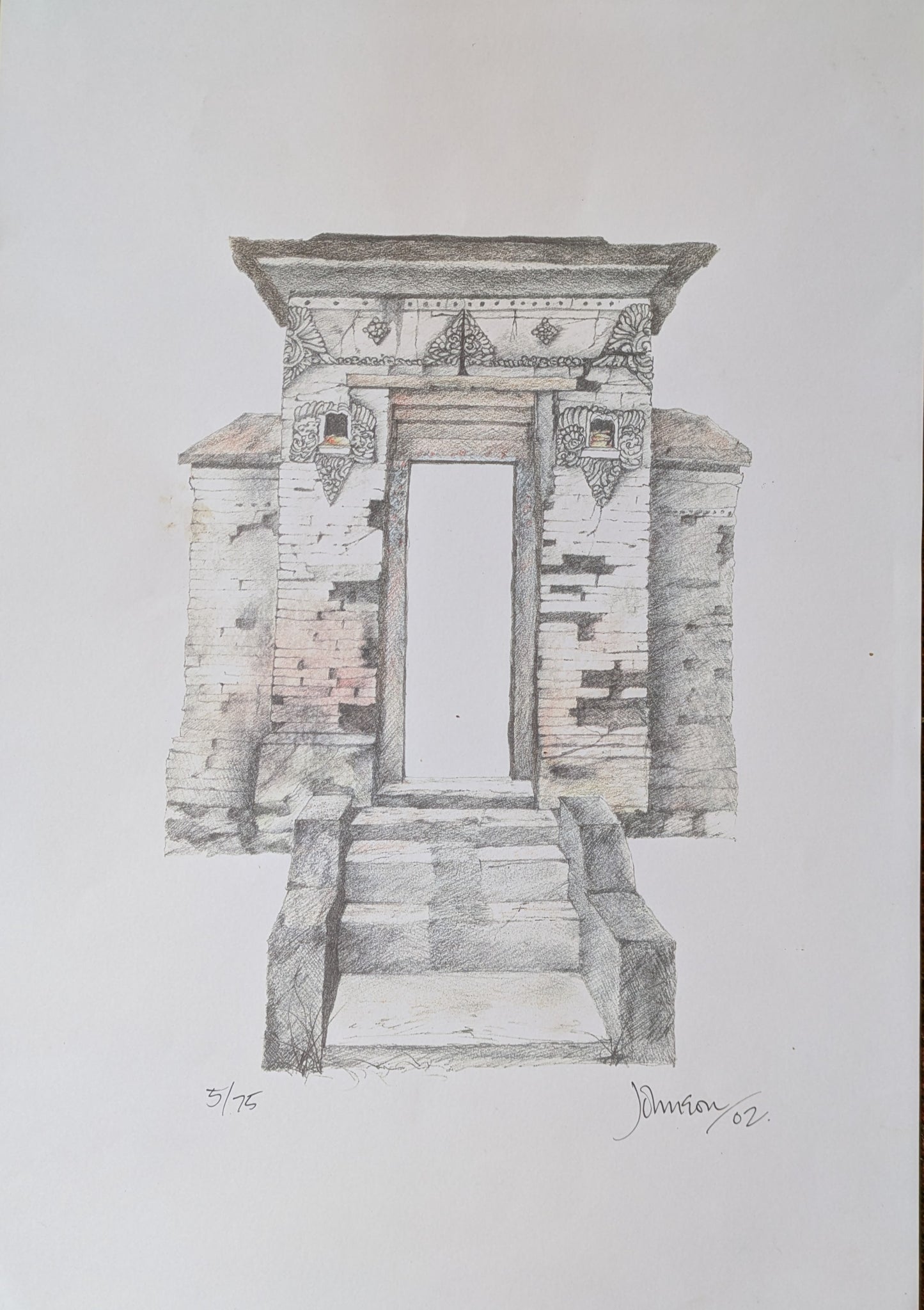 John Johnson, "Old Compound Entrance, Ubud, Bali" handcoloured print