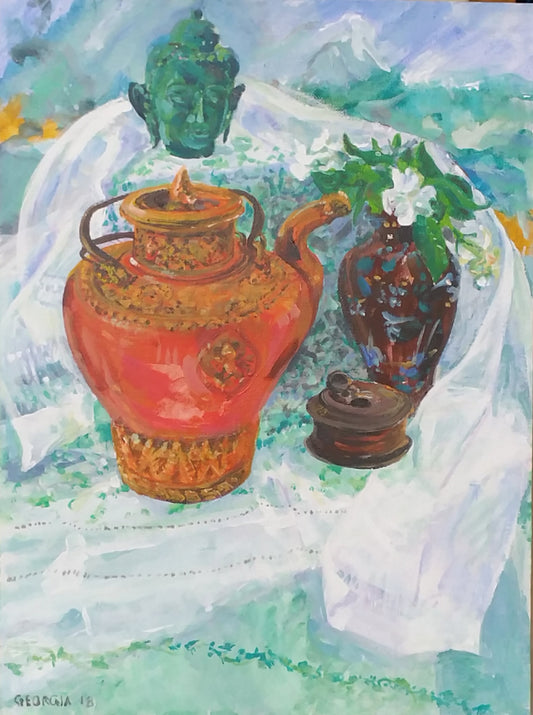 "Buddha with Tibetan Kettle," Acrylic painting 2018