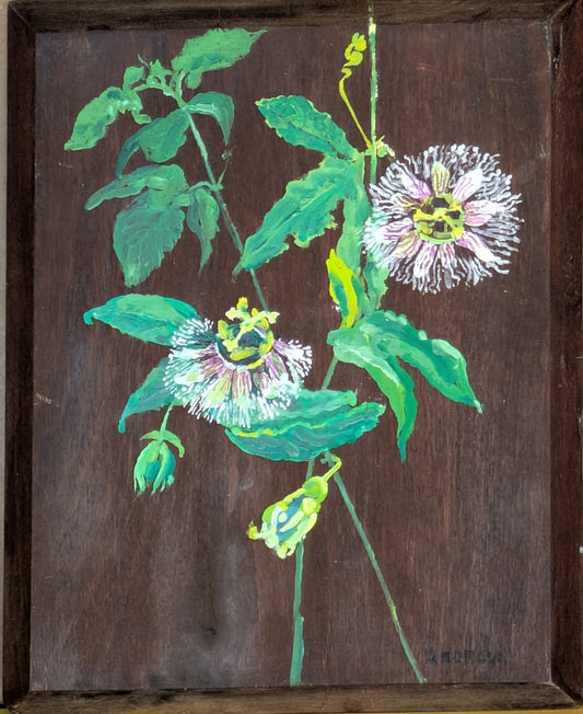 "Passionfruit Flowers" Oil on jarrah wood panel