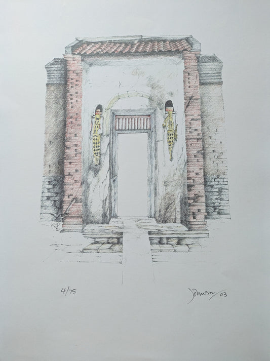 John Johnson, "Old Family Compound Entrance, Ubud, Bali" handcoloured print, pink bricks