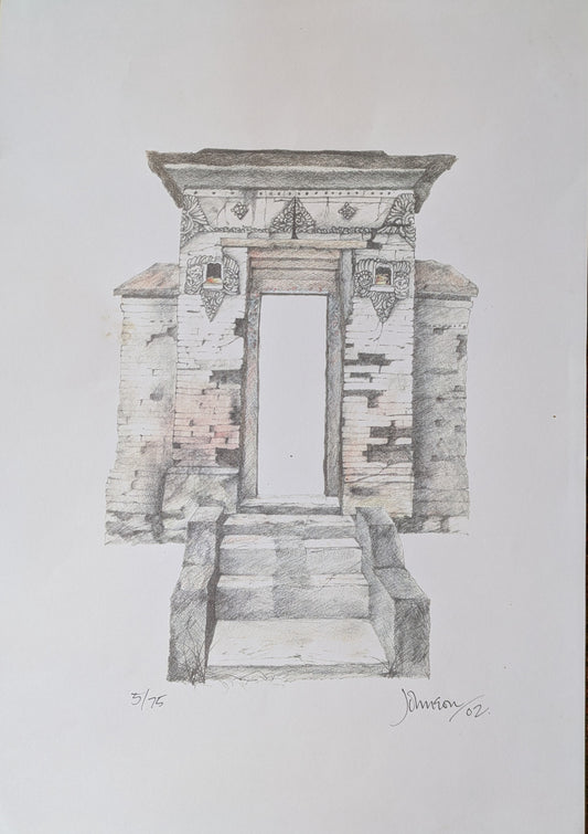 John Johnson, "Old Compound Entrance, Ubud, Bali" handcoloured print