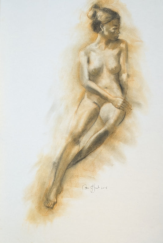 "Seated nude woman in bronze pastel"